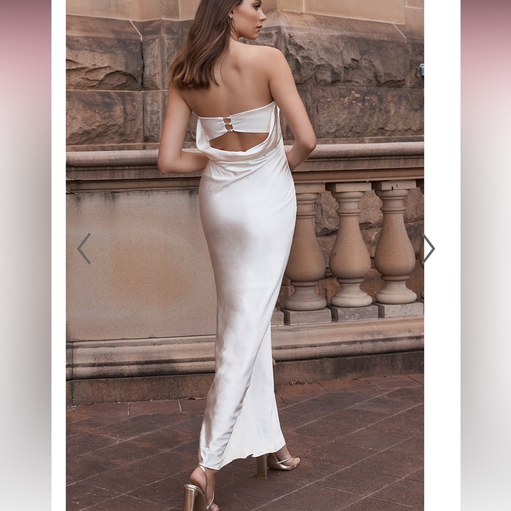 Showpo CHARLITA MAXI DRESS - STRAPLESS COWL BACK SATIN DRESS IN PEARL